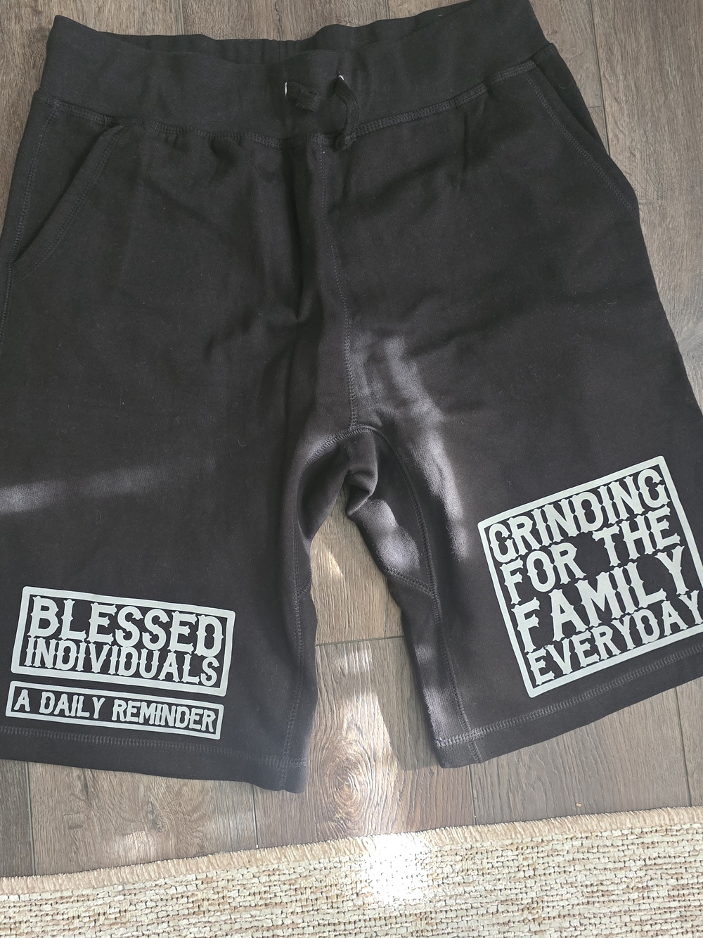 Black Graphic Sweat Shorts - Blessed Individuals / Grinding For The Family